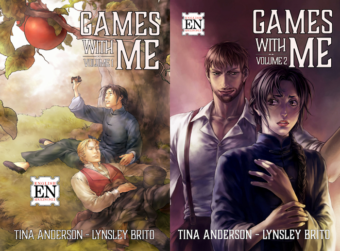 Two covers featuring a young Chinese man with a braid. The first shows him under an apple tree with a blond white man sleeping on his lap. The other shows him fearing a muscular white man who stand behind him.