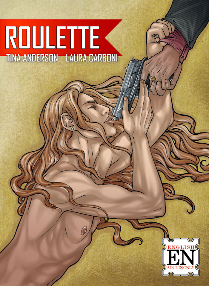 Illustration of a long blond haired muscular man kissing a gun held by a man whose hands are all we see.