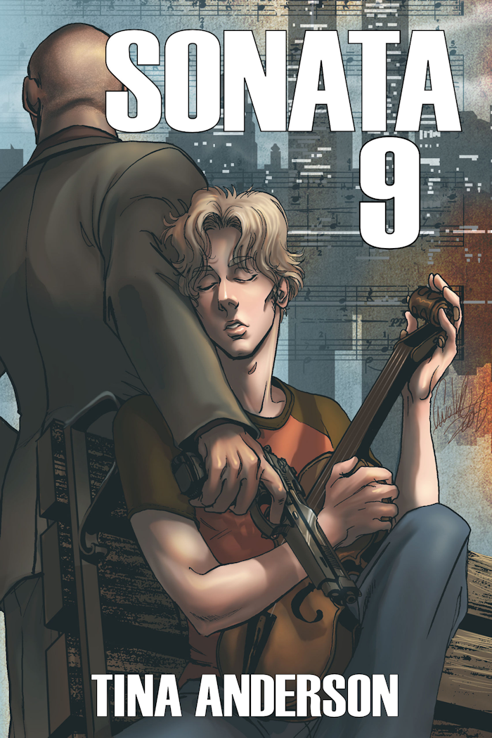 Young man sits on a bench with a violin in his hands, his eyes are closed as he embraces it. Behind him stands a bald man whose face we cannot see, his arm wraps in front of the young man, and he's holding a gun. IN the background is sheet music set to the Manhattan skyline from the 1990s.