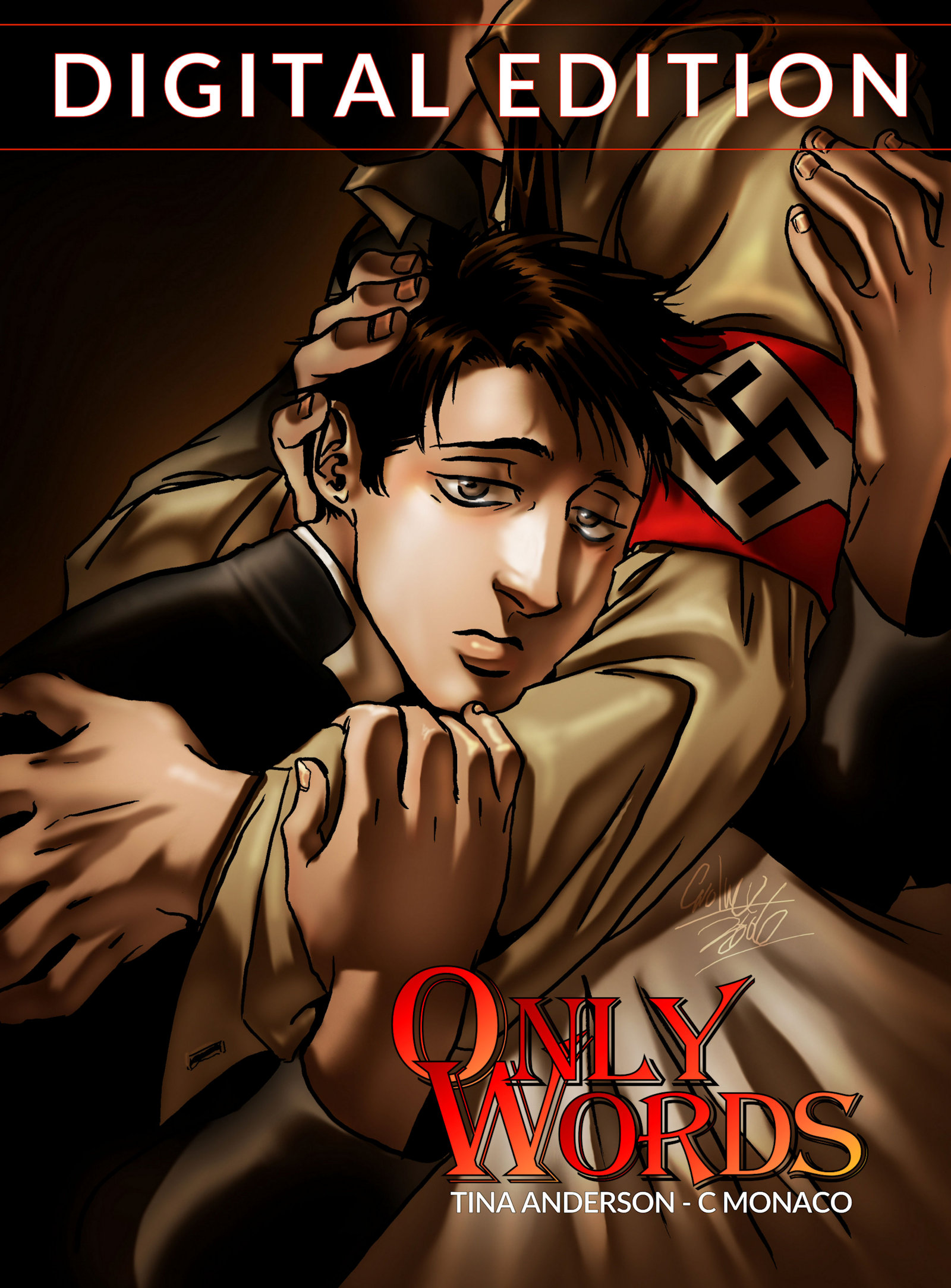 Young priest in the arms of a faceless man in a nazi uniform.